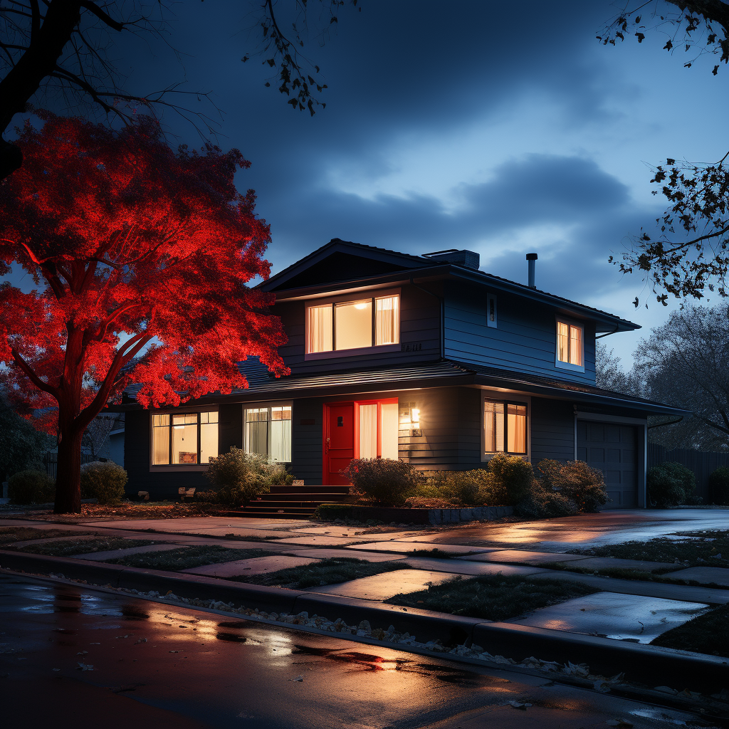 Modern home at dusk with warm lights and dramatic red maple tree