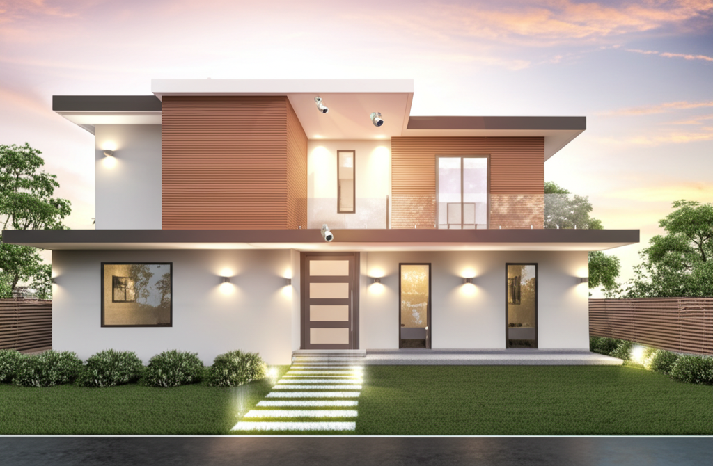 Modern secure home with security cameras and lighting